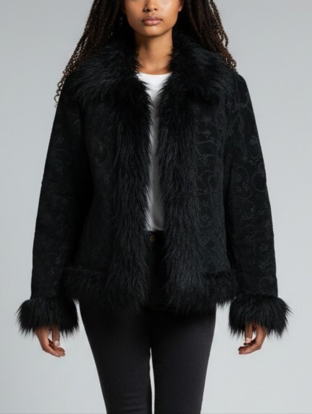Wilsons Leather Maxima Y2K Penny Lane Jacket Faux Fur Trim Embossed Floral M/L